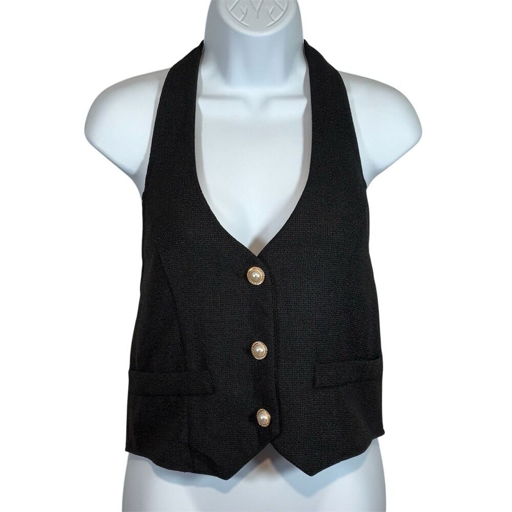 NWT Cider Vest‎ L Pearl Button Sleeveless Black Coquette Romantic Modern Preppy